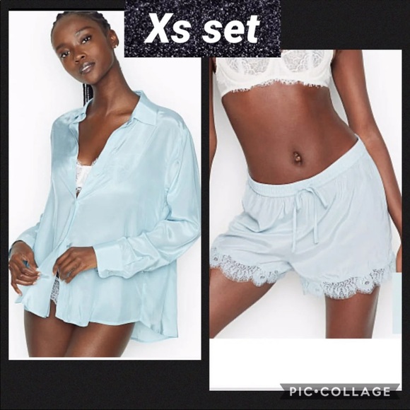 Vs satin sleep top semi sheer shorts frosty blue voile fabric - Picture 1 of 11